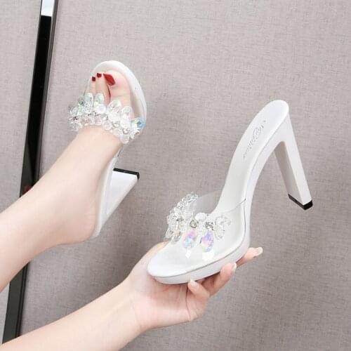 Exquisite Crystal Square Heel Waterproof Platform Elegant Temperament Ladies Slippers Outer Wear Fashionable Summer New Style