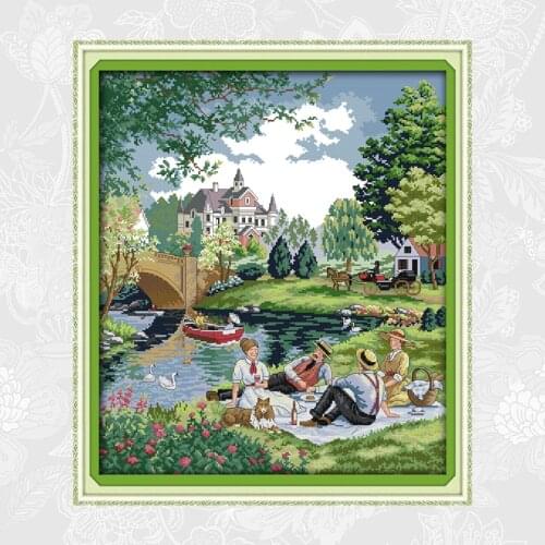 Joy Sunday A Picnic in the Suburbs Paintings Cross Stitch Printed Canvas DIY Handmade Embroidery Sets for Needlework Crafts