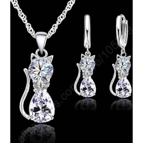Lovely 925 Sterling Silver Jewelry Sets For Women Girl Gifts Cute Cat Cubic Zirconia Crystal Pendant Necklace Earrings