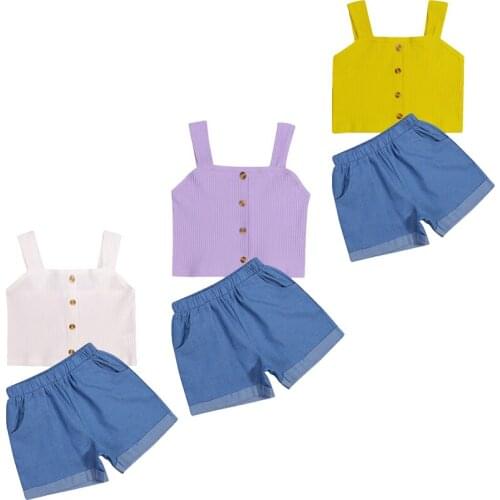 FOCUSNORM 2-7Y Summer Infant Kids Girls Clothes Sets Solid Strap Sleeveless Single Breasted Vest Tops Denim Shorts
