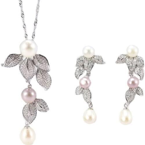 MADALENA SARARA Flower Style AAAA Cubic Zirconia AAA 8mm Freshwater Pearl S925 Plated pendant chain Necklace Jewelry Set