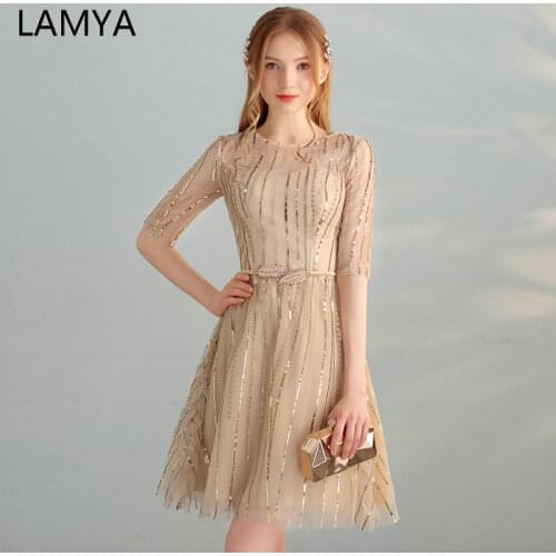 LAMYA 2019 Newest Gold Sequined Prom Dresses With Half Sleeve Vintage Evening Party Dress A Line Formal Gown Robe De Soiree