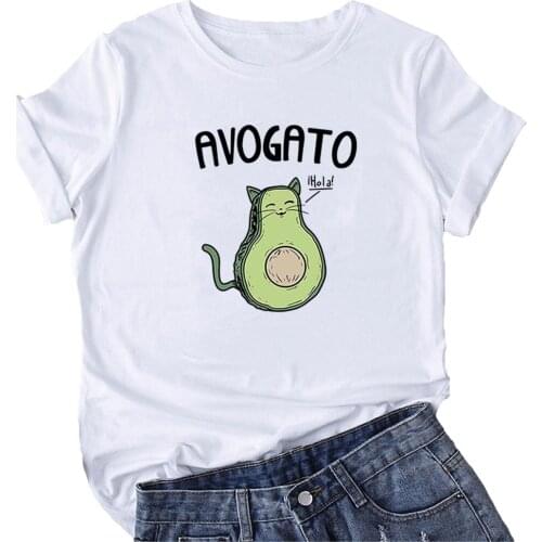 Mikialong Kawaii Avocado Cat T Shirt Women Cotton Funny Hola Graphic Tee Women Tshirt Casual Femme T-shirts Top