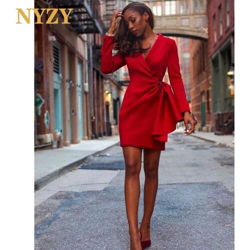 NYZY C308 New Arrival Satin Long Sleeves Red Cocktail Dresses 2021 Short Party Graduation Homecoming Evening Gown