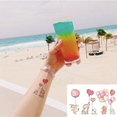 Water Transfer Tattoo Cute Pink Elephant Rabbit Balloon Pink Flower Tattoo Waterproof Temporary Fake Tattoo for Man Woman Kid