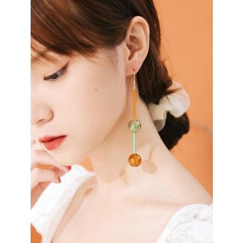 Original Candy Color Glass Ball Long Dangle Earrings For Women 2021 New Trend Sweet Korean Bubble Creative Drop Earrings Bijoux