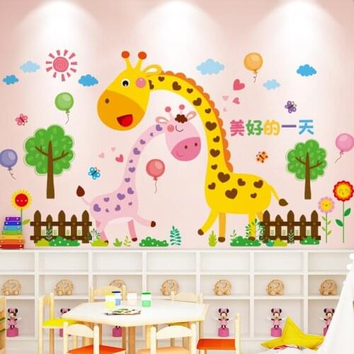 Cartoon Giraffe Animals Wall Stickers DIY Flowers Tree Mural Decals for Kids Room Baby Bedroom Decoration