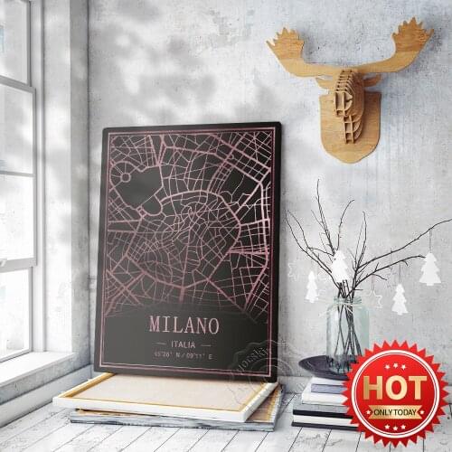 Milano Italia City Street Black Pink Map Poster, World Travel City Souvenir Map Decor Painting, Bar Pub Club Wall Decor, Gift