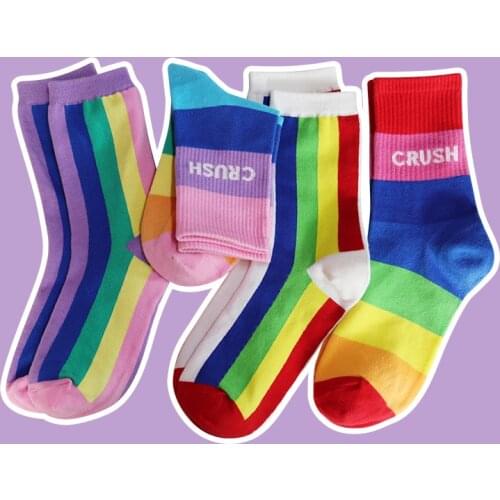 Spring Autumn LGBT Candy Cotton Happy Letter CRUSH Socks Korean Rainbow Stripe Women Funny Street Novelty Creative Socks