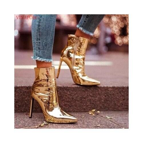 Vinapobo Women Patent Leather Pointed Toe High Heel Winter Boots Metallic Mirror Gold Silver Microfiber Ankle Boots Plus Size 43