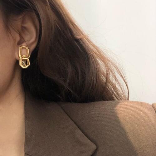 Brass Geo Chained Clip on Earings Women Ear Cuff Jewelry Gothic Punk Party Gown Runway rare Boucle Korean Japan Trendy