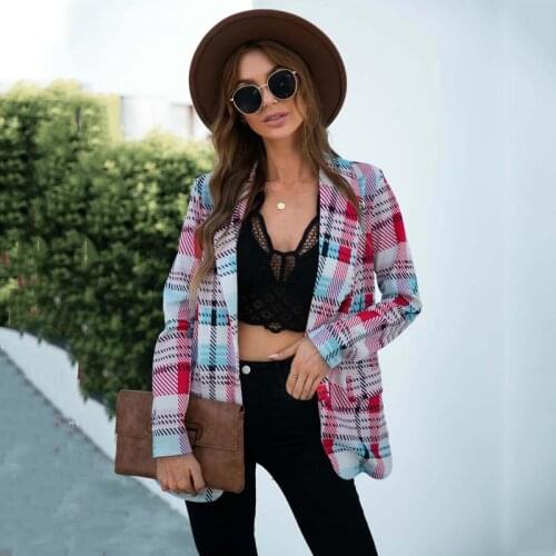2021 Autumn Winter Plaid Blazer Women Print Plaid Jacket Loose Coats Ladies Blazers and Jackets for Women Open Stitch