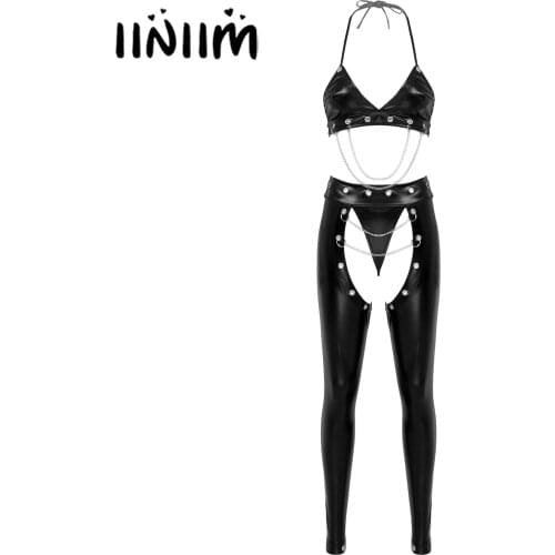Womens Patent Leather Club Performance Rave Outfits for Pole Dancing Metal Chain Decor Halter Bra with Crotchless Pants G-string
