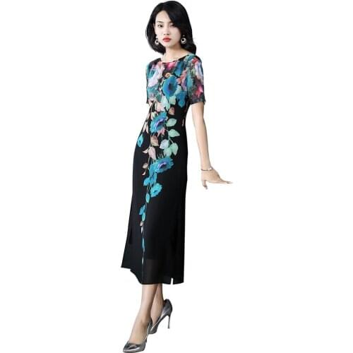 2021 New Fashion Chiffon Long Elegant Slim Floral Black Summer Dress for Woman