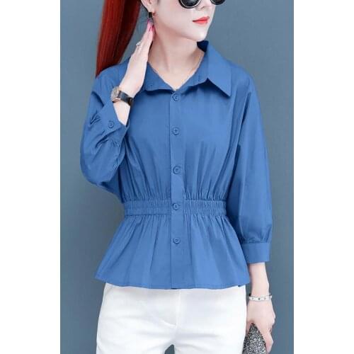 WomenS Spring Autumn Style Blouses Shirt WomenS Solid Color Turn-Down Collar Button Patchwork Korean Tops SP798