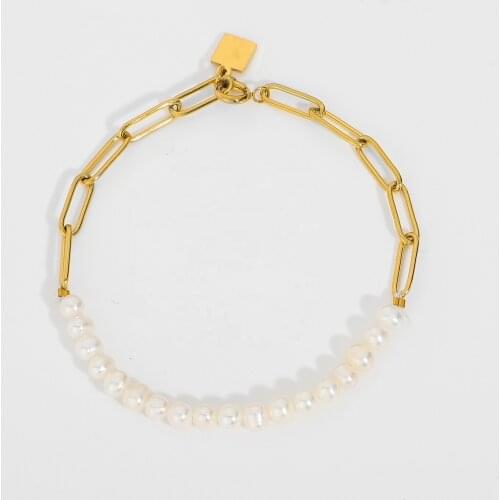 Half Gold Chain Half Freshwater Pearl Bracelet For Women Versatile Gold Plated Stainless Steel Rectangle Chain Bracelet