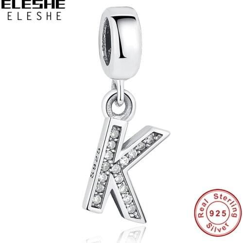 ELESHE 925 Sterling Silver Charm Alphabet K Letter CZ Crystal Beads Charm Fit Original Bracelet DIY Jewelry Women Gift