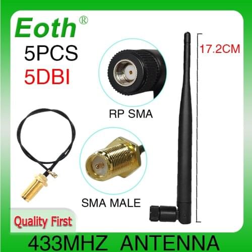 5pcs 433MHz Antenna 5dbi RP-SMA Connector 433 MHz antena GSM Antenne 433m lorawan + 21cm SMA Male /u.FL Pigtail Cable