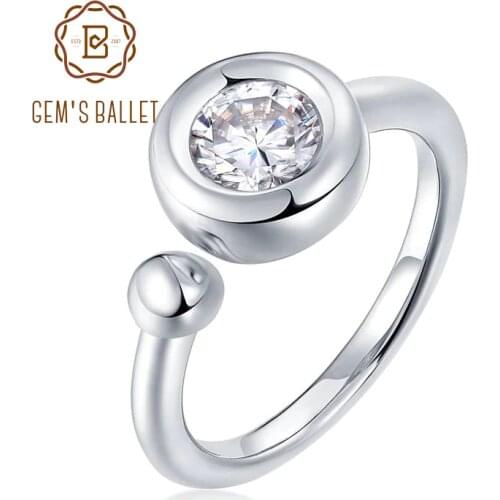 GEMS BALLET 925 Sterling Silver Ring Jewelry 1.0Ct 6.5mm Moissanite Sapphire Ruby Emerald Adjustable Open Ring For Women