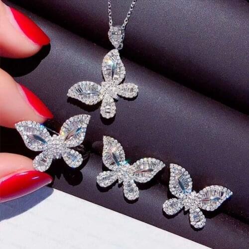 New Fashion Luxury 925 Sterling Silver Lovely Butterfly Ring Earrings Necklace Elegant Couple Jewelry Set Valentines Day Gift