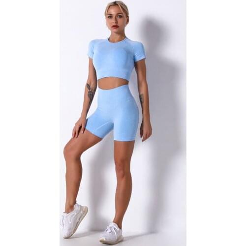Revival Fitness Summer Seamless Sports Set Womens Clothing Sport Crop Top T-Shirt+Shorts Leggings Push Up Fitness Gym Suit
