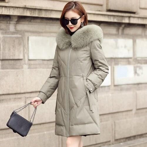 2020 New Real Genuine Leather Jacket Women Long Winter Sheepskin Coat Womens Down Jacket Fox Fur Collar Hooded Korean KJ3519