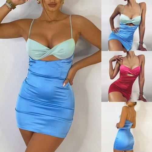 Fashion Patchwork Contrast Color Satin Slip Dress Summer Women Sexy Hollow Out Backless Bodycon Mini Dresses