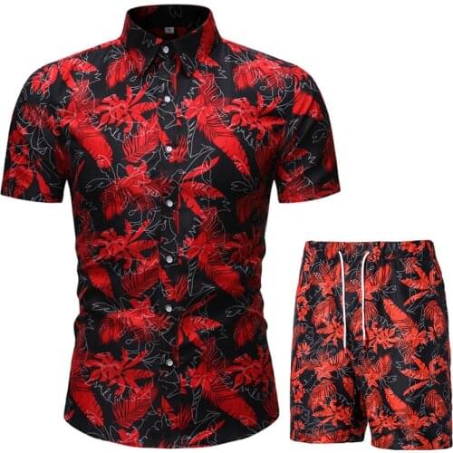 Mens Floral Casual Button Down Short Sleeve Hawaiian Shirt Suits Hipster Summer Beach Shirt and Shorts Set Men Two Piece Suit