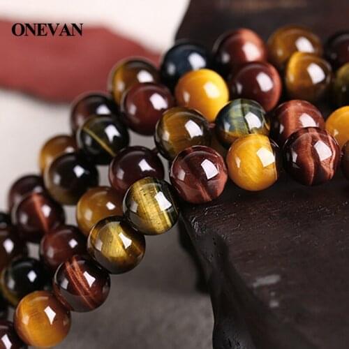 ONEVAN Natural A Colorful Tiger Eye Beads 6-10mm Smooth Round Stone Bracelet Necklace Jewelry Making Diy Accessories Gift Design