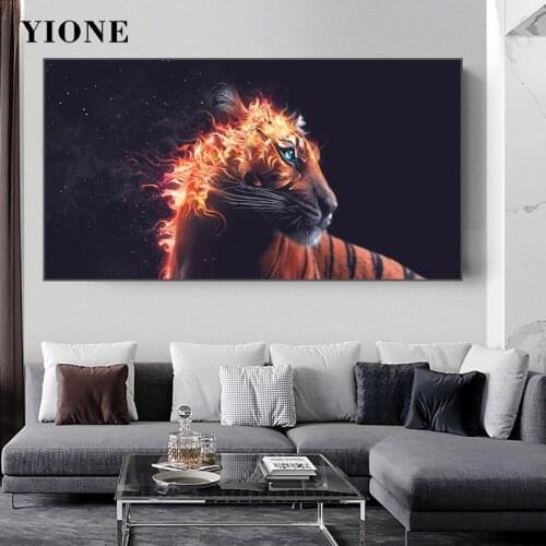 Fire Tiger Canvas Painting Custom Modern Abstract Animal Black Starry Sky Wall Pictures for Living Room Poster Prints Decoration