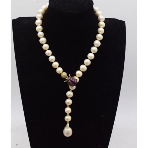 Freshwater pearl white near round & reborn keshi drop 11-12mm AA necklace 19inch insect hook FPPJ wholesale beads nature