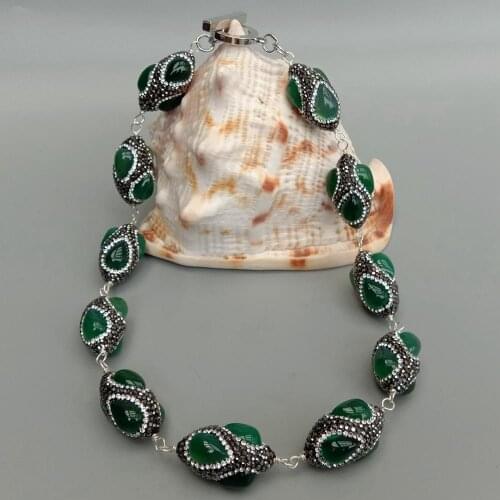 YYGEM Green Agate trimmed with Black Rhinestone Pave Rice Wrap Necklace 20" Handmade for women