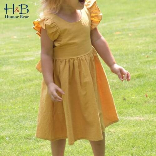 Humor Bear Girls Dress New Summer Flying-Sleeve Solid Color Backless Cute Priness Dresses Toddler Kids Clothes