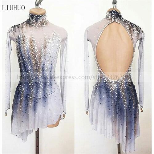 Figure Skating Dress Womens / Girls' Ice Skating Dress Long sleeve Standing collar Gray-black gradient color Backless