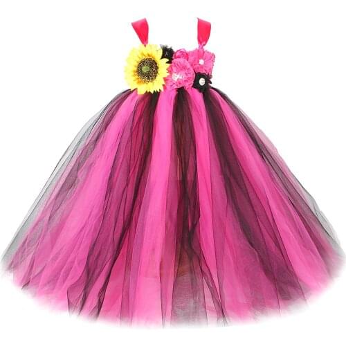 Hot Pink Black Flower Girl Dresses for Wedding Kids Girl Bridesmaid Long Tutu Dress Ball Gown Children Halloween Party Costumes