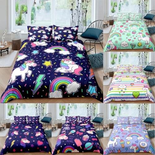 Lovely Cartoon Unicorn Bedding Set 3D Printed Duvet Cover Comforter Bed Cover Set Bedclothes Quilt Set Queen King Single Size