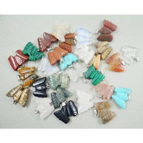 Natural stone Turquoises Quartz crystal tiger eye Opal butterfly pendant for diy jewelry Making necklace Accessories 24Pcs