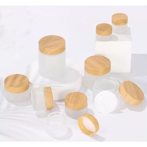 5pcs 5/10/15/20/30/50/100g Frosted Glass Bottle Plastic Bamboo Lid Glass Jar Empty Bottle Cream Jar Cosmetic Packaging Container