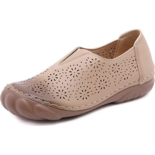 Spring Summer Women Flat Openwork Pu Leather Casula Shoes Ladies Beige Brown Cozy Loafers Indoor and Outdoor Shoes Plus Size 42