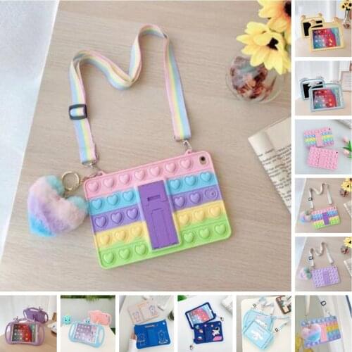 Silicon Cartoon Case for IPad 10.2 8th 7th Pro 9.7 10.5 11 5th 6th Mini 5 Air 1 2 3 4 Tablet Kids Funda Stand Cover + Strap