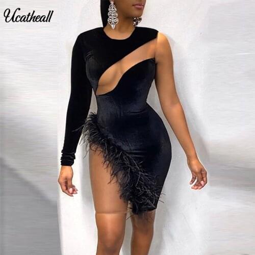 Vintage Velvet Dress Mesh Stitching Split Autumn Spring Feather Sleeve Slim O-Neck Women Dress Elegant Party Dresses Female