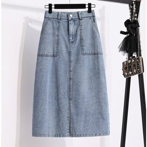 Large Size 5XL Women Denim Skirt Fashion High Waist Split Midi-Length Skirt Girls Summer Casual Pockets Jeans Straight Skirts