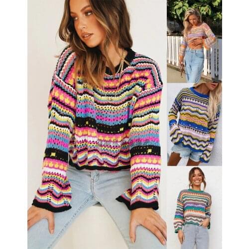 Womens Rainbow sweater autumn and winter models European and American stitching loose color rainbow round neck striped sweater