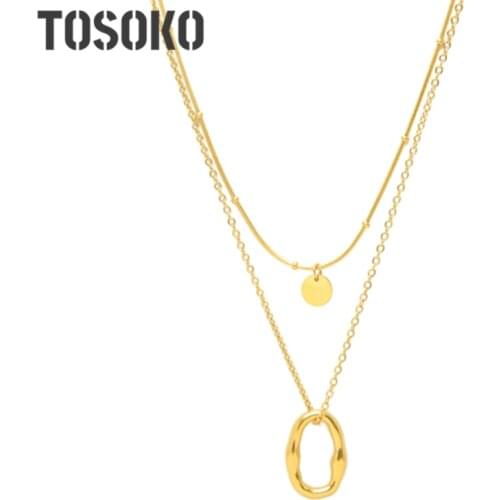 TOSOKO Stainless Steel Jewelry Irregular Oval Necklace Handmade Irregular Double Layer Necklace Women Fashion Chain BSP675