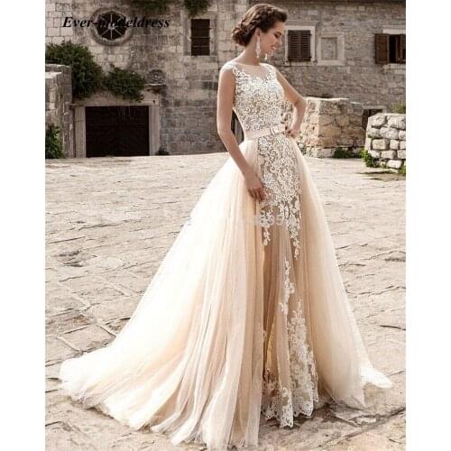 2021 New Mermaid Wedding Dresses Two Pieces Train Dress Pearls buttons back Lace Applique Illusion Sexy Sleeveless Bridal Gowns