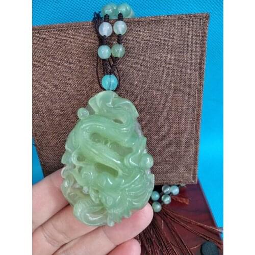 100% Nature Green jade Pendant jadite Amulet Mala Bead chalcedony Necklace Carven Dragon