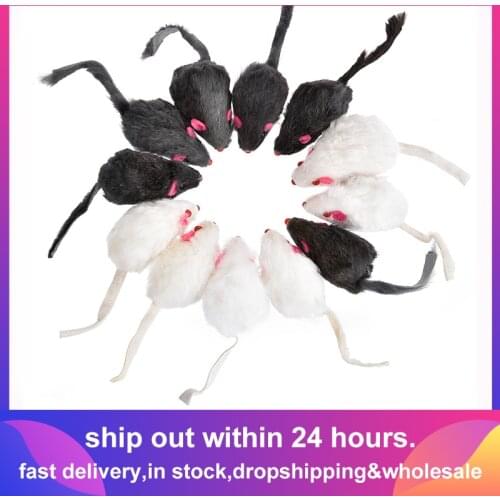 12PCS Cat Toy Mouse Real Fur Mixed Loaded Black White Mouse Toys Cat Teaser Kitty Kitten Funny Sound Squeaky Toys for Cats