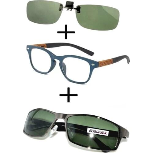 3Pcs!!! Comfortable Wood Squared Frame Reading Glasses Men Women + Alloy Polarized Sunglasses Pilot Driving + Sunglasses Clip