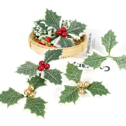 5/10pcs Mini Green Christmas Leaves Artificial Berry Stamen Flower For DIY Wedding Garland Rose Leaf Foliage Craft Fake Flowers