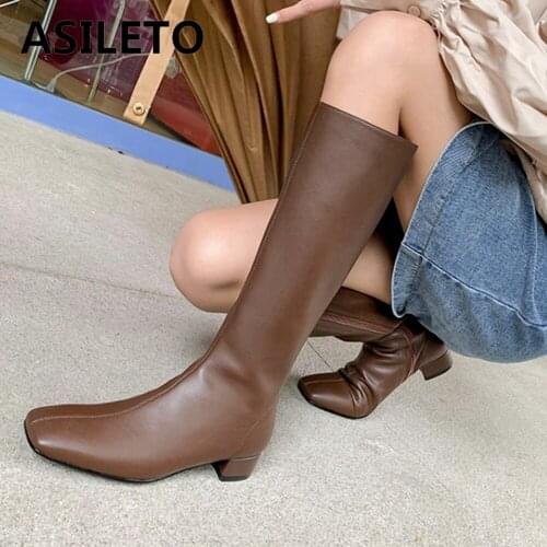 ASILETO Women Genuine Leather Mortorcycle Ridding Knee High Chunky Boots Slim 3cm Low Square Heel Zip Warm Fur Footwear 40
